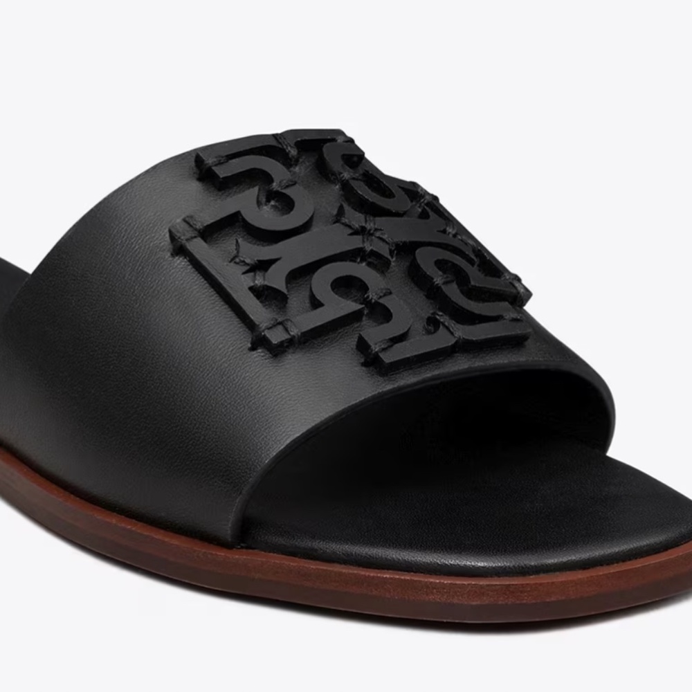 Tory Burch Women's Black Leather Medallion Ines Slides Flats Shoes